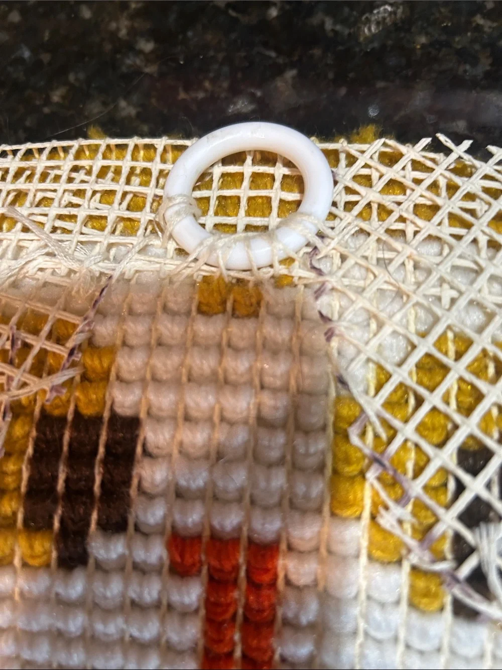 Vintage Handmade Owl Hooked Potholder in Mustard, Orange, Gray & White